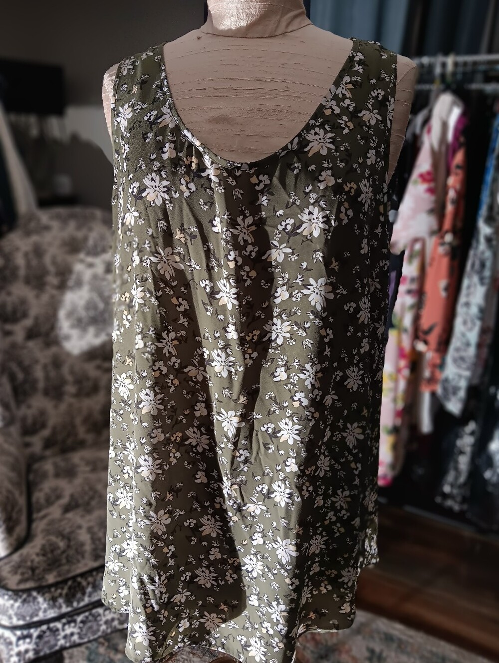 Loft Sleeveless Olive Green Floral Tank Top